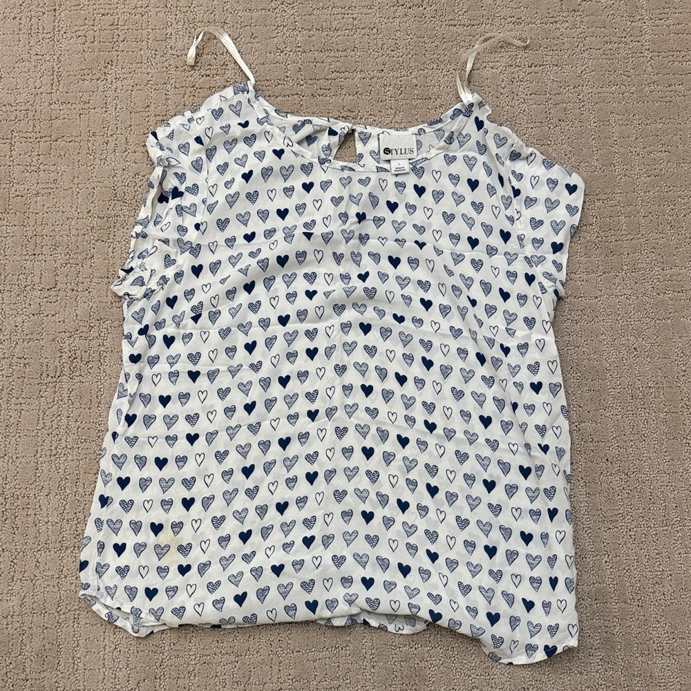STYLUS White Tank Top with Blue Heart Print
